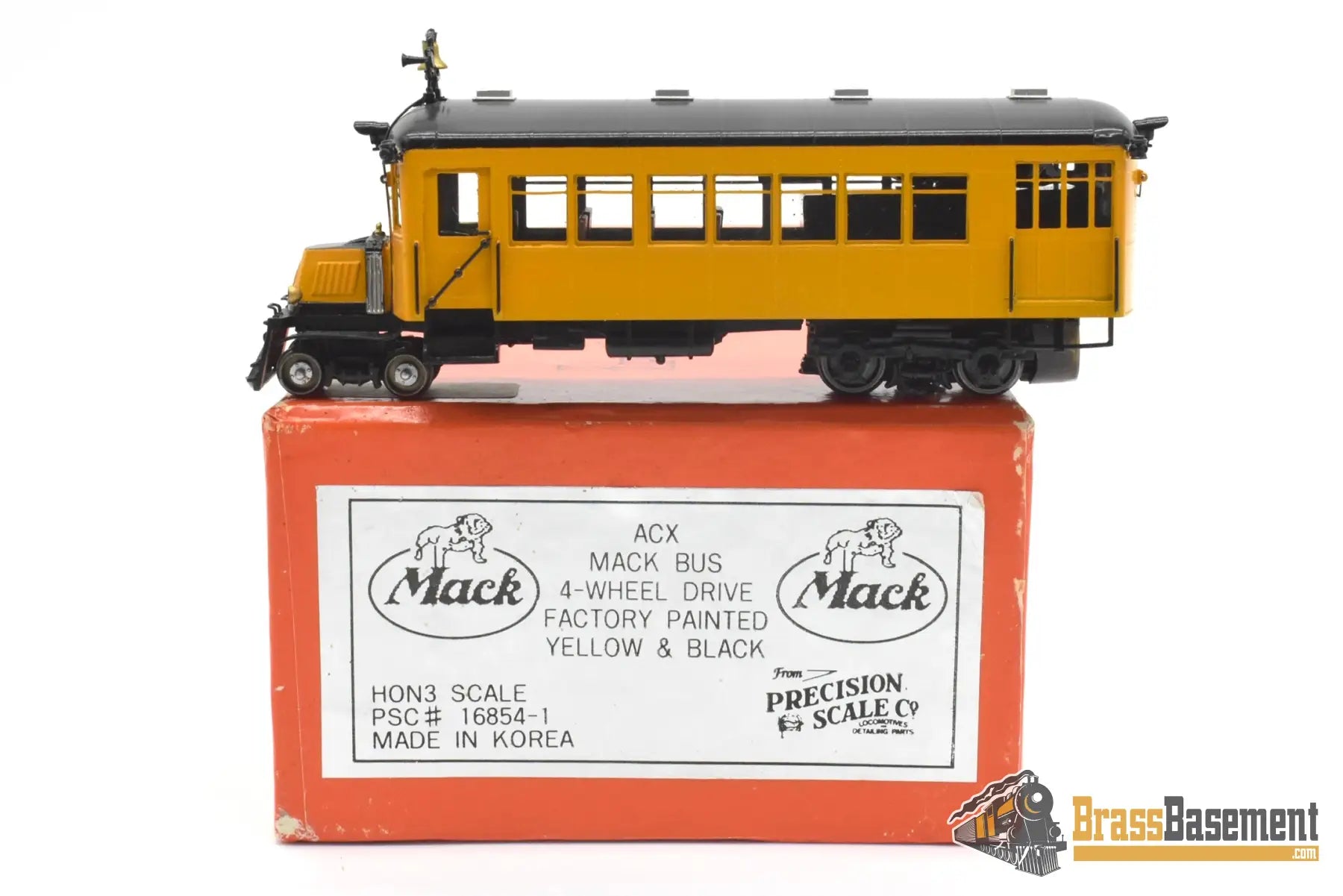 HOn3 Brass - PSC 16854-1 Mack Rail Bus Type ACX w/ Interior - F/P Black & Yellow Passenger