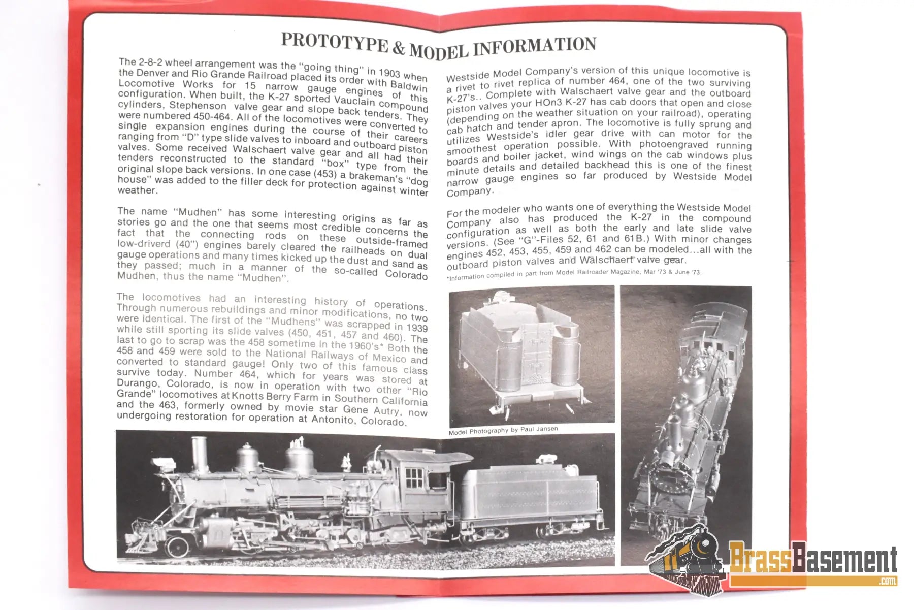Hon3 Brass - Wmc Westside D&Rgw Rio Grande K-27 2-8-2 ‘Piston Valve’ #464 Unpainted Steam