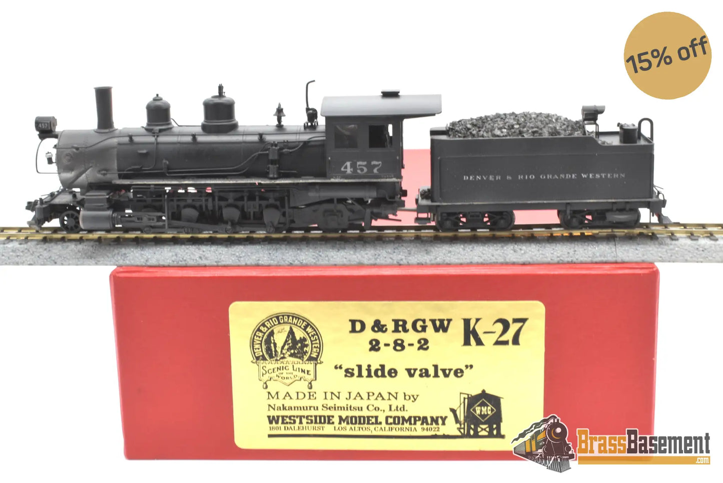 Hon3 Brass - Wmc Westside D&Rgw Rio Grande K - 27 2 - 8 - 2 ‘Slide Valve’ #457 C/P Steam
