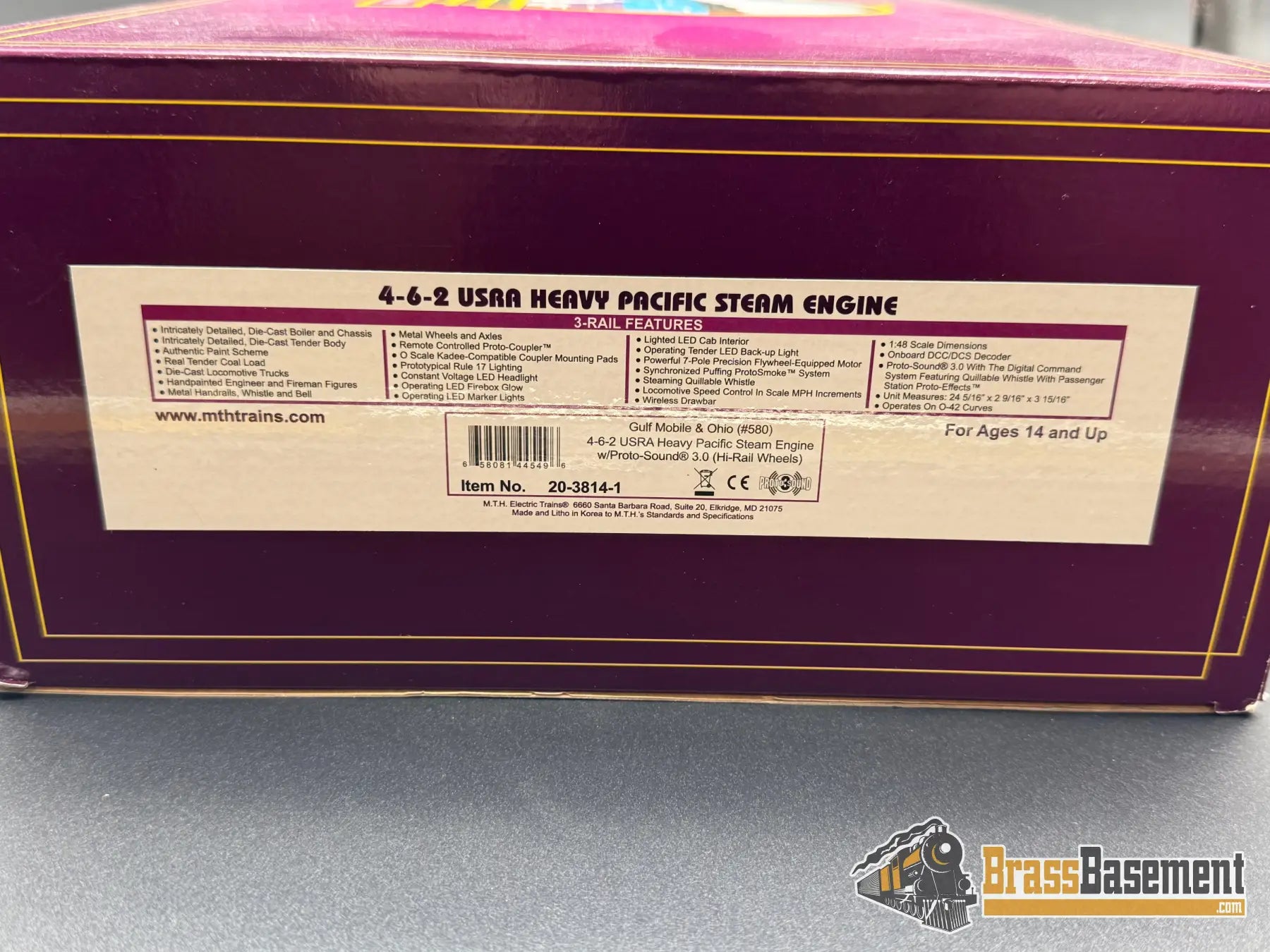 O Gauge - MTH 20-3814-1 3-Rail GM&O 4-6-2 Heavy Pacific Steam #580 w/ PS3 Sound - RED Steam