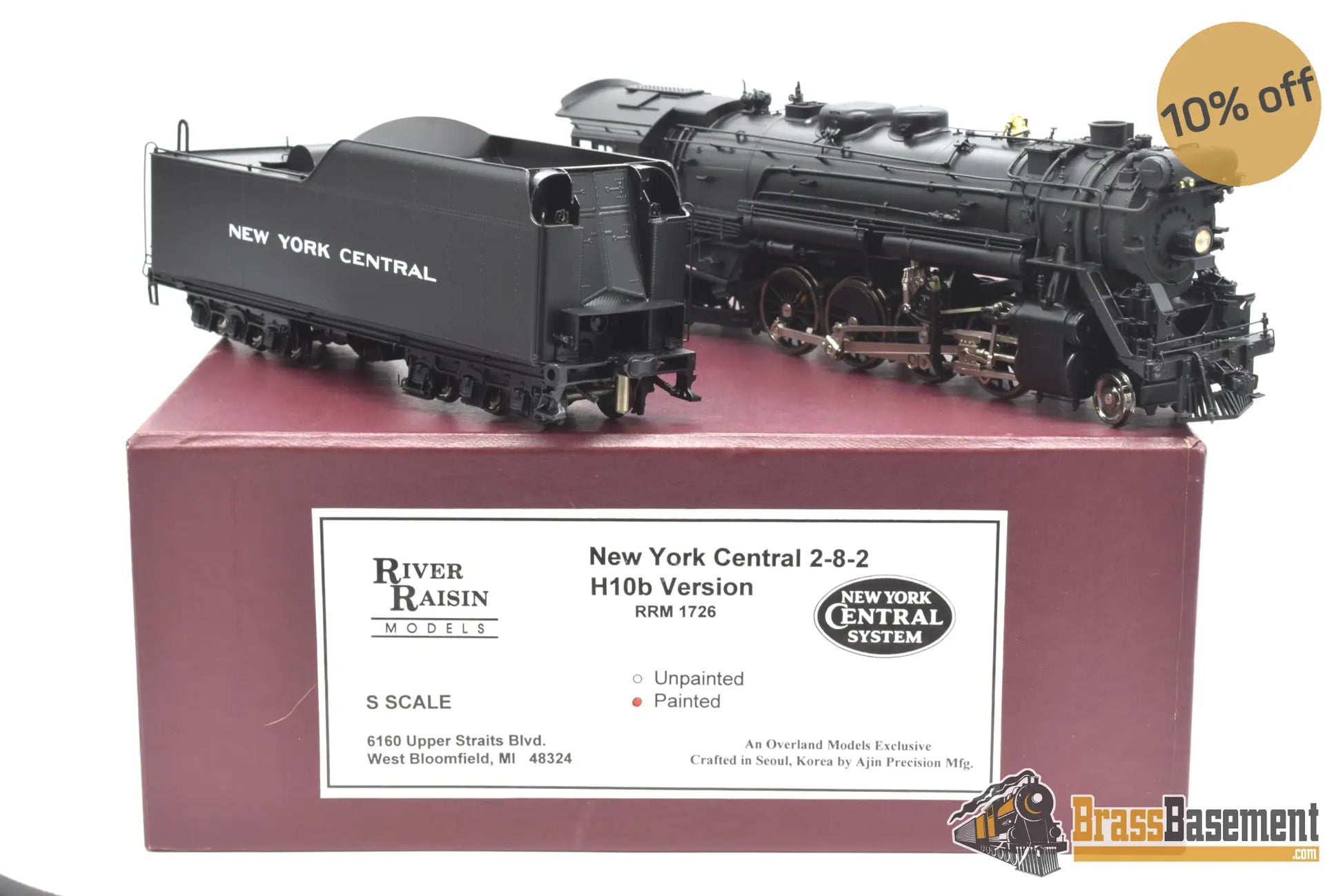 S Brass - River Raisin Models 1726 New York Central 2 - 8 - 2 H - 10B Factory Painted Mint Steam