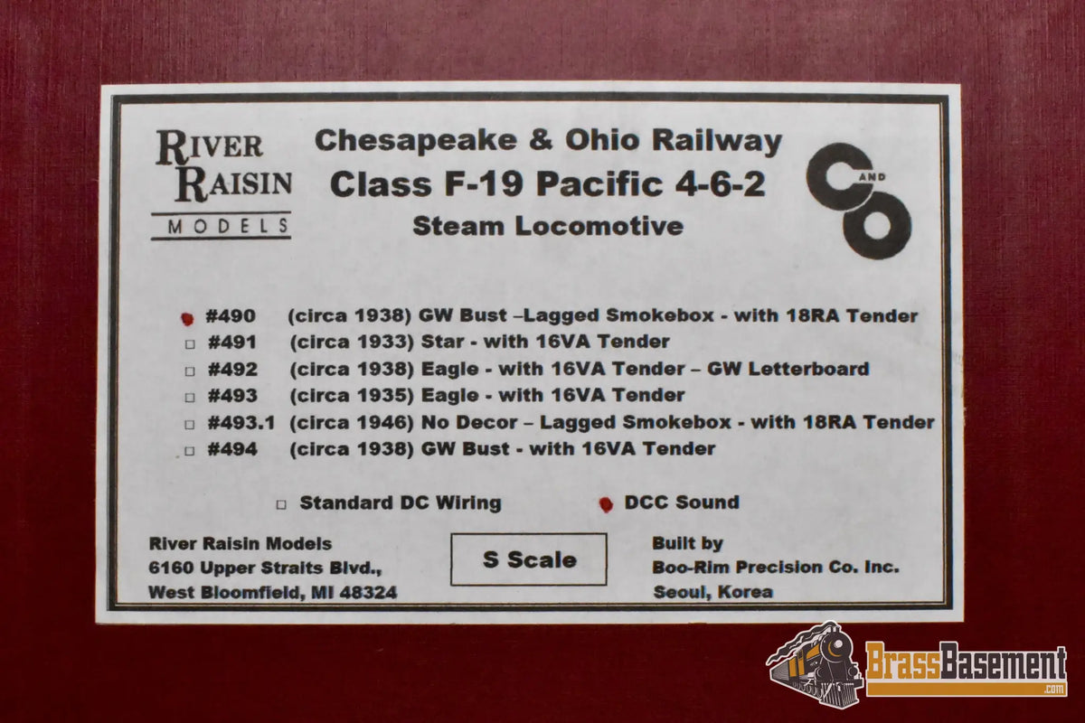 S Brass - River Raisin Models C&O Chesapeake and Ohio F-19 4-6-2 #490 George Washington - DCC Sound - Steam